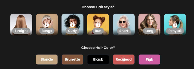 Step 3 to create your AI character - choose hair style and color