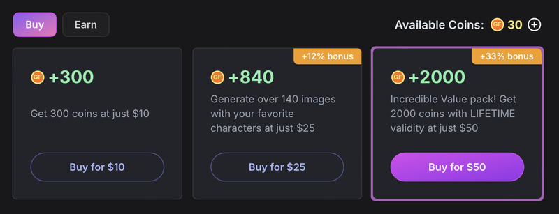 Cost to buy more coins