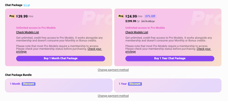 Pricing for the chat package