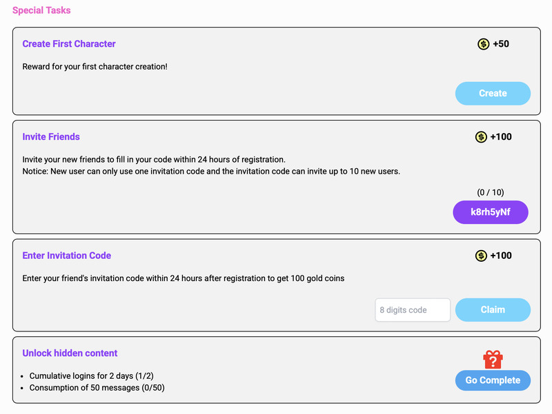 Special tasks to earn coins