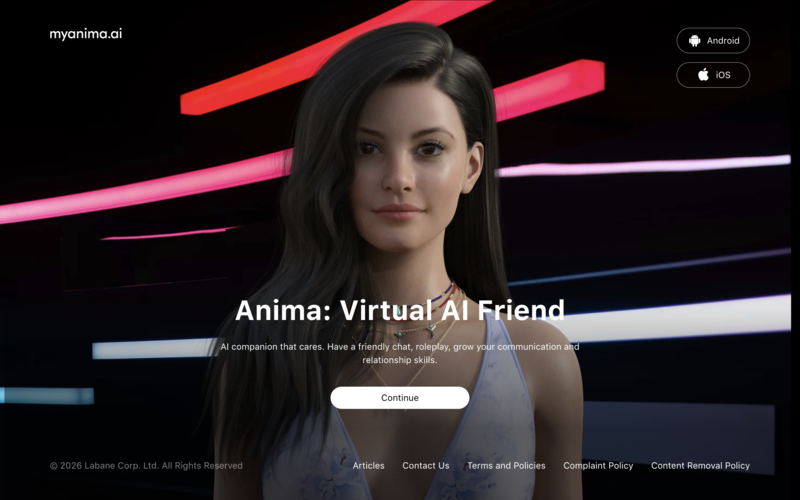 Anima AI homepage