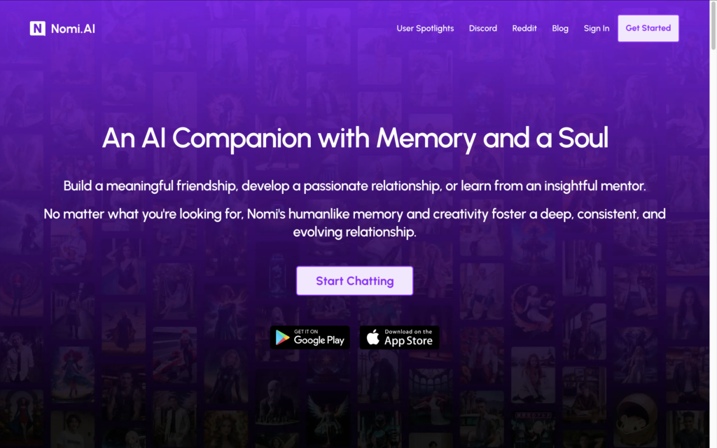 Nomi AI homepage
