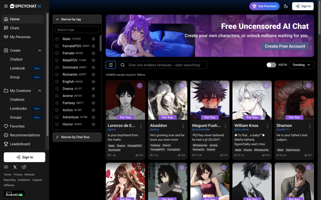 Spicy Chat homepage