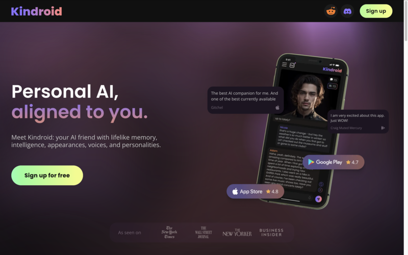 Kindroid homepage