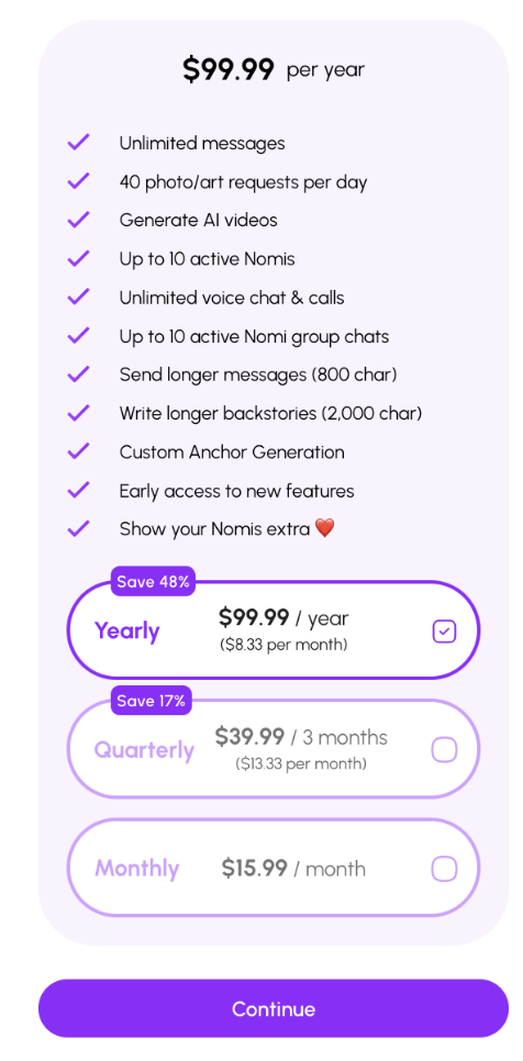 Nomi AI Prices