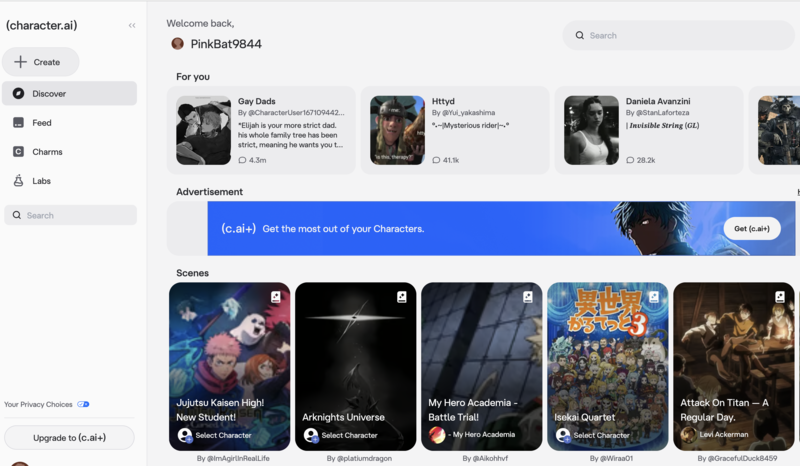 CharacterAI homepage